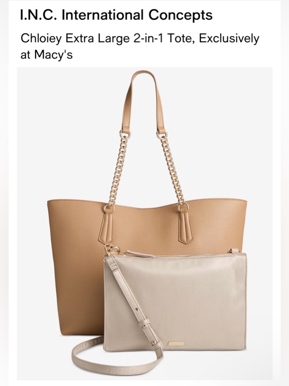 INC CHLOIEY 2 in 1 Tote. Walnut/ Champagne.